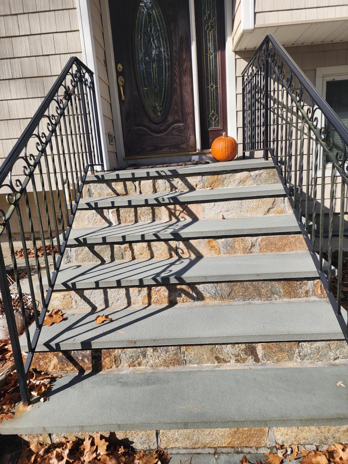 Bluestone steps with stone risers and a wrought-iron railing at a front entrance
