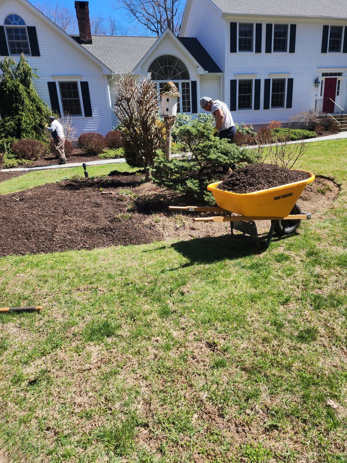 Fresh mulch installed across landscaped beds in front of a large home